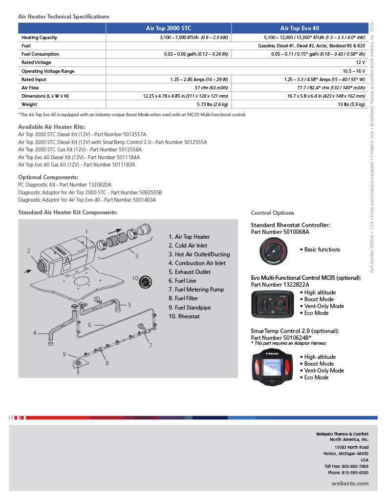 Webasto Air Top 2000 STC 12v 2kW Diesel Heater Kit 5012550A