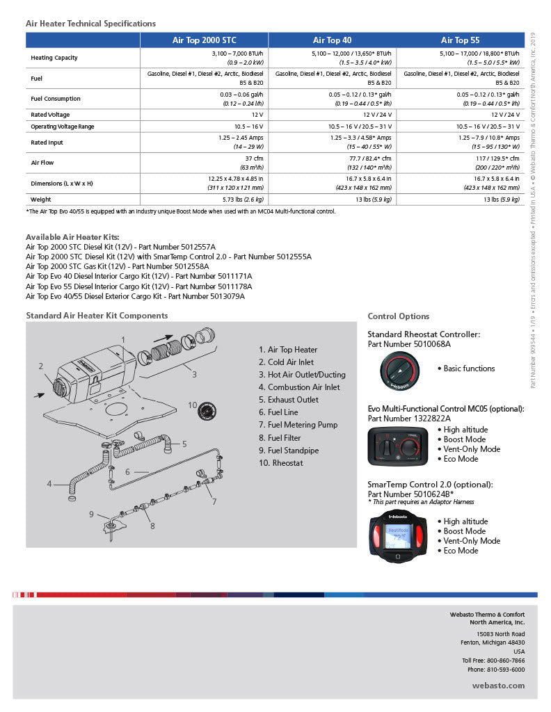 Webasto Air Top 2000STC 12v 2kW Gasoline Heater Kit 5012558B