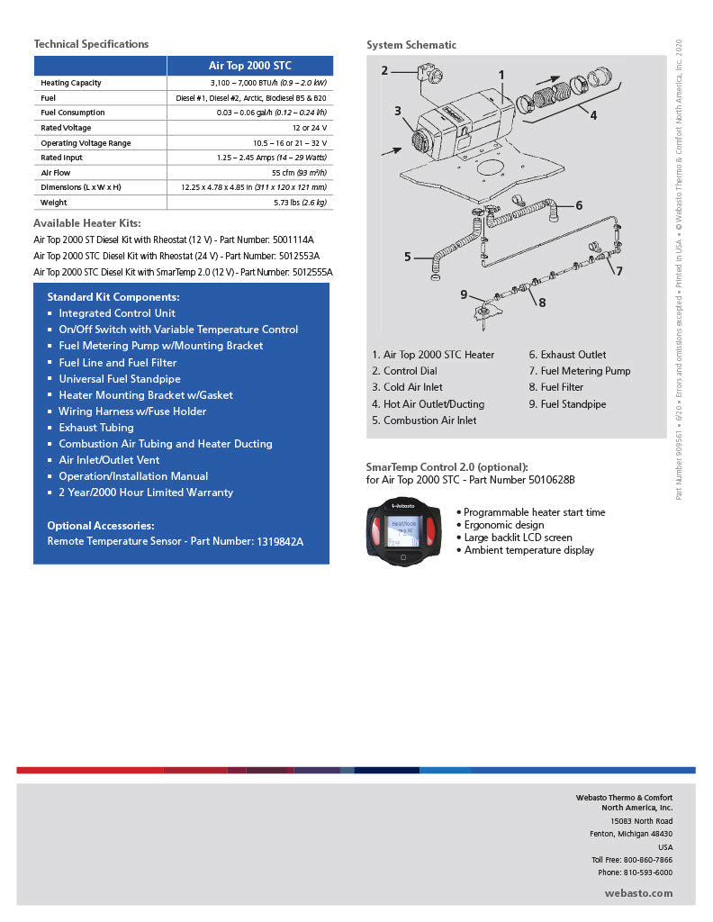 Webasto Air Top 2000 STC 12v 2kW Diesel Heater Smartemp 3.0BT 5013913A